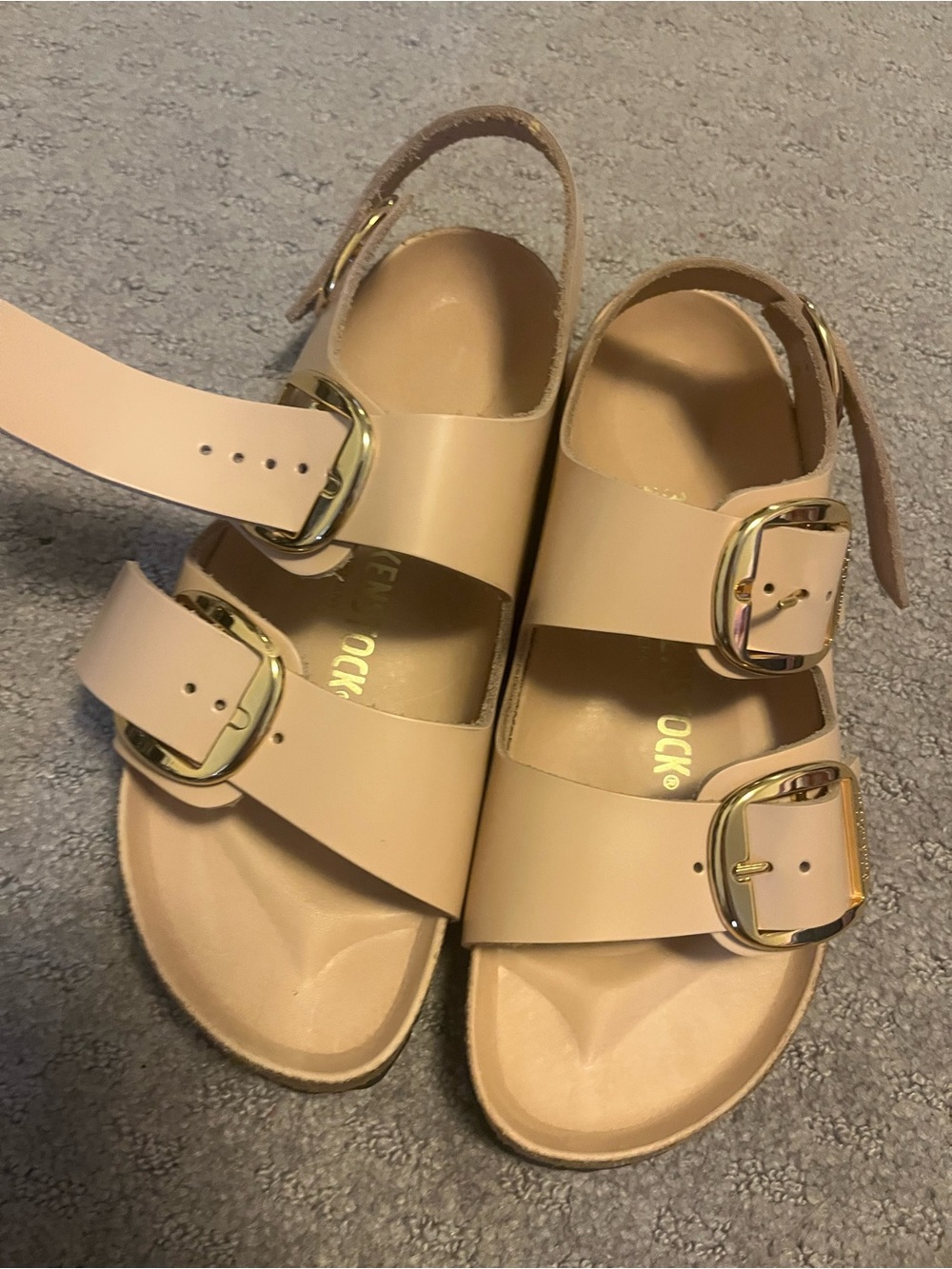 Birkenstock Milano Women's Beige Triple-Buckle Sandals with Gold Buckles 37